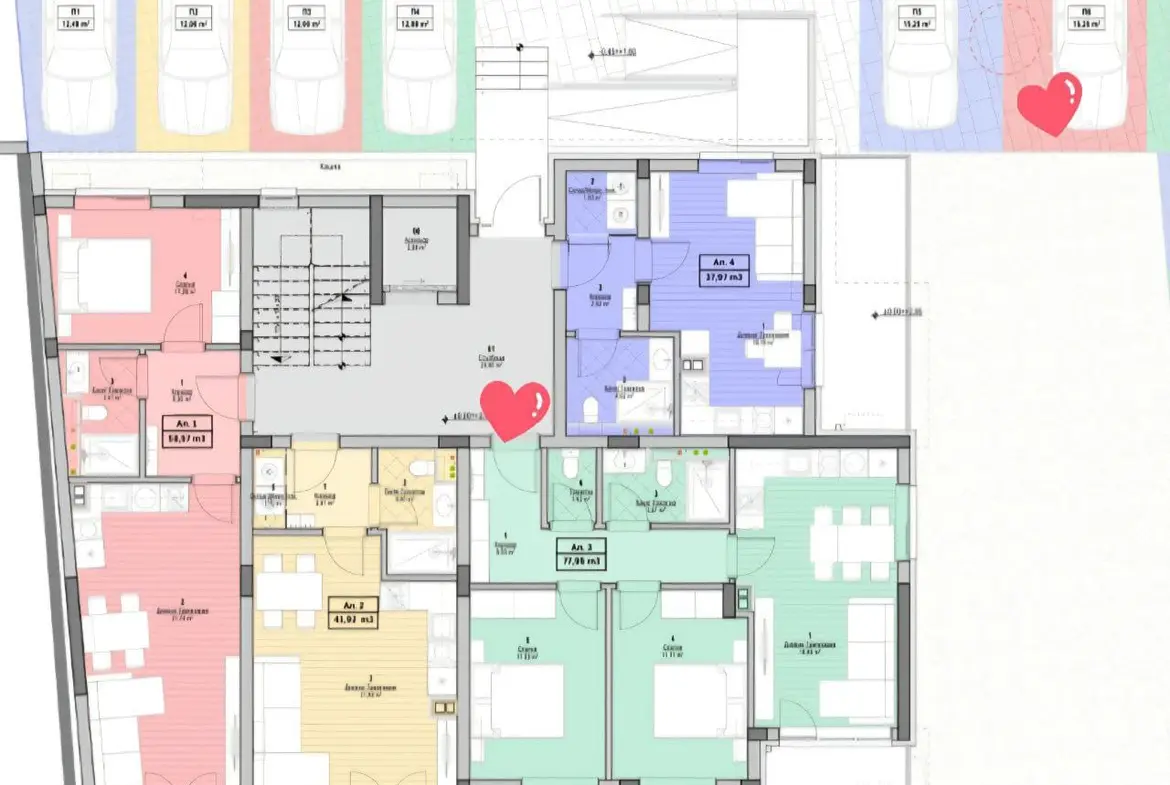 Планировка трехкомнатного апартамента с указанием комнат, площадей и парковочных мест в комплексе City v2 в Болгарии.
