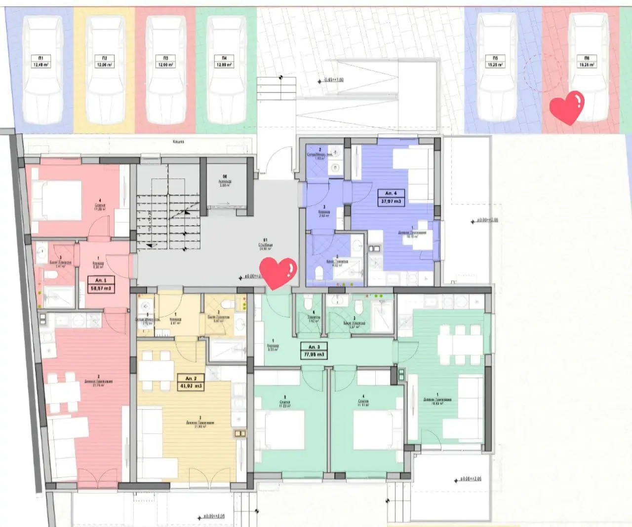 Планировка трехкомнатного апартамента с указанием комнат, площадей и парковочных мест в комплексе City v2 в Болгарии.