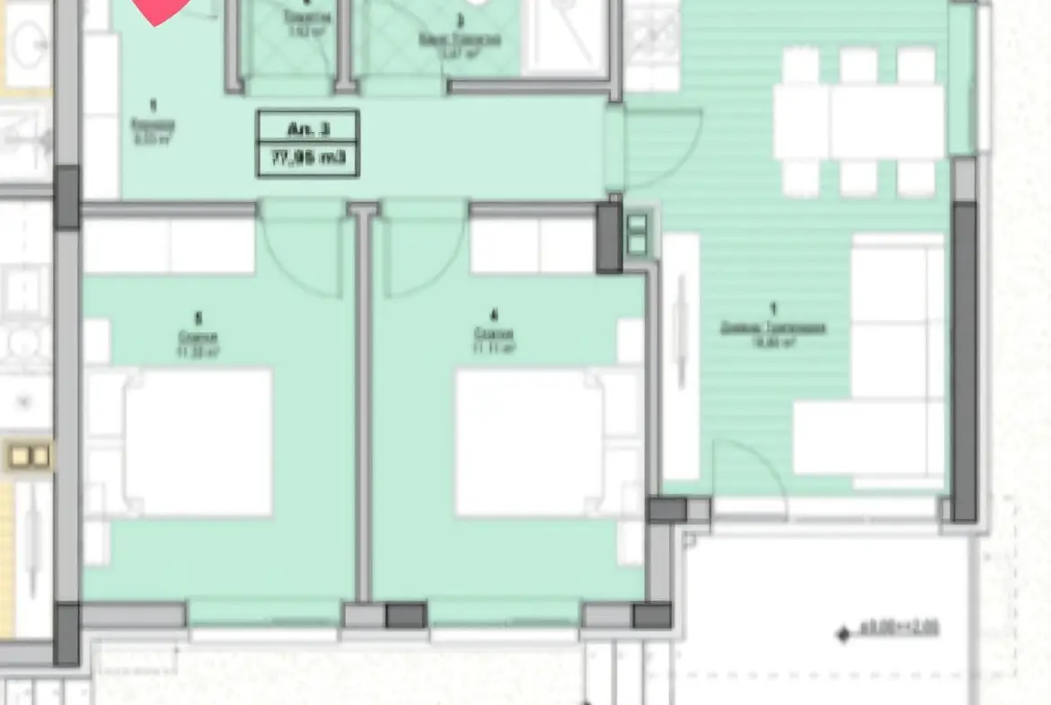 Планировка трехкомнатного апартамента в комплексе City v2, общей площадью 77,96 м² с современным дизайном и функциональными пространствами.