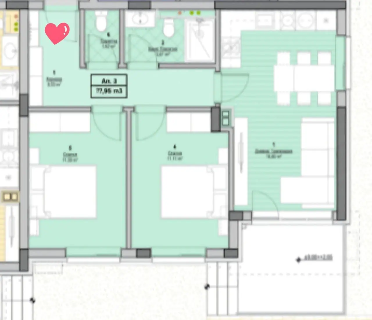 Планировка трехкомнатного апартамента в комплексе City v2, общей площадью 77,96 м² с современным дизайном и функциональными пространствами.
