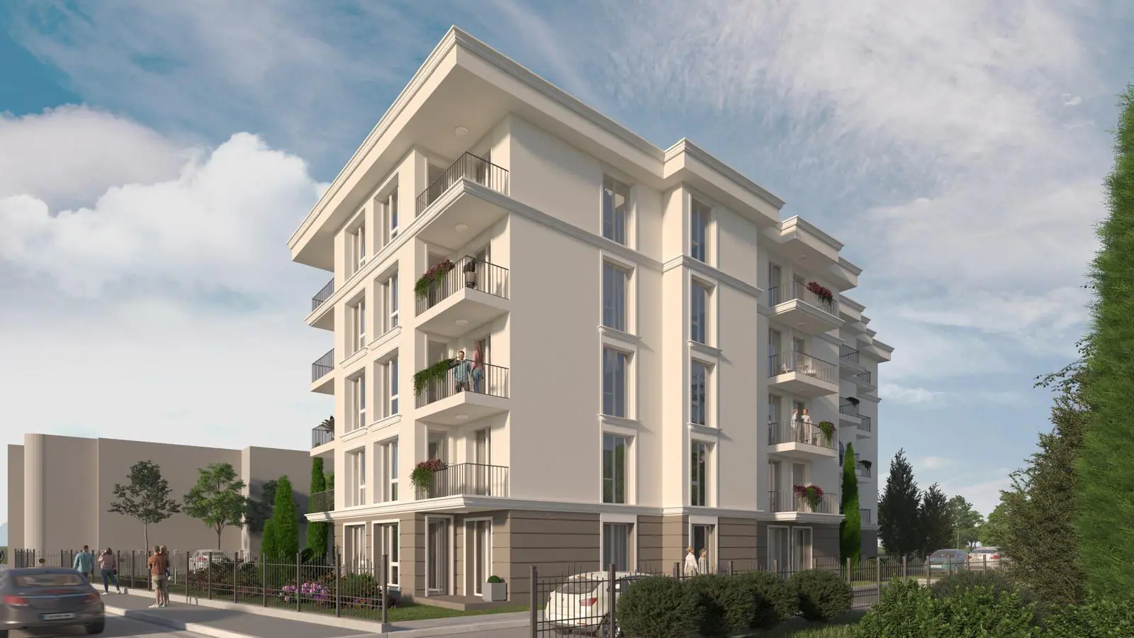 Современный жилой комплекс La Mer Gold Residence с просторными балконами и зелеными насаждениями, идеально для покупки недвижимости в Болгарии.