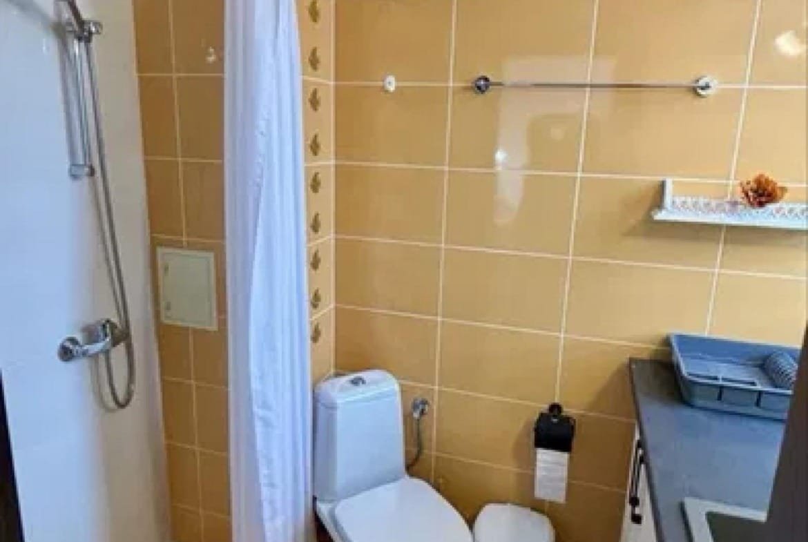 Современная ванная комната в студии с душевой кабиной, унитазом и плиткой золотого цвета.