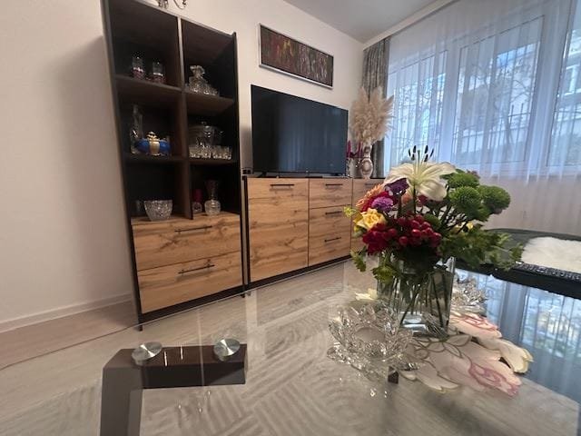 Современный интерьер трехкомнатного апартамента с деревянной мебелью, телевизором и цветами на столе.