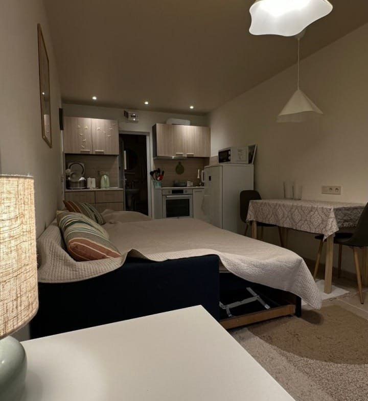 Современная студия с кухней, комфортным диваном и обеденным столом, оформленная в нейтральных тонах и мягком освещении.