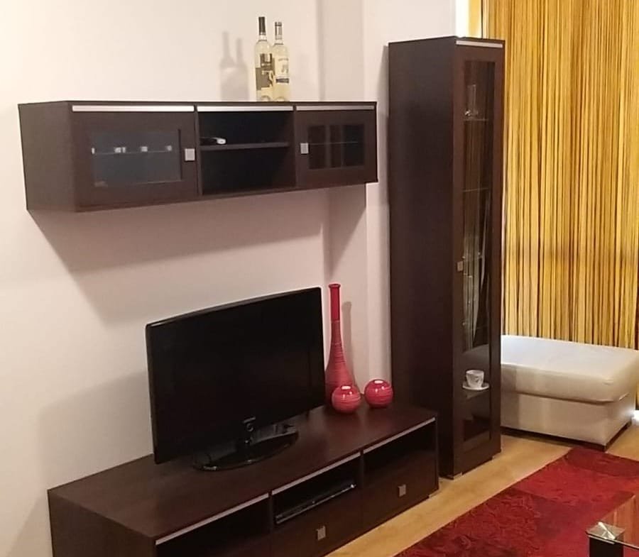 Современный интерьер двухкомнатного апартамента: телевизор, стильный шкаф, красная ваза и деревянный пол.