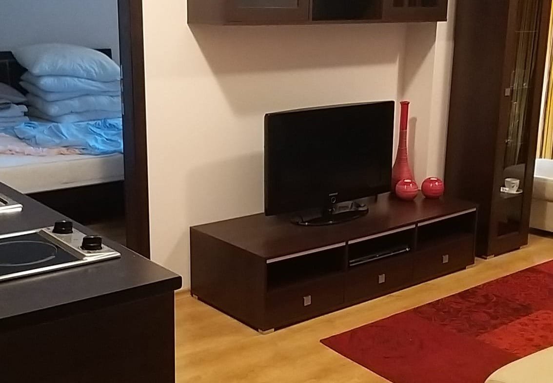 Современный двухкомнатный апартамент с уютной гостиной, телевизором, стильной мебелью и спальней на заднем плане.