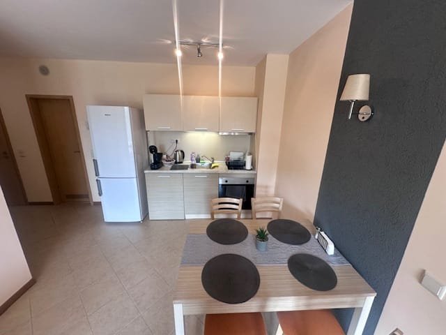 Современная кухня с обеденным столом, холодильником и бытовой техникой в двухкомнатном апартаменте у комплекса Royal Sun.