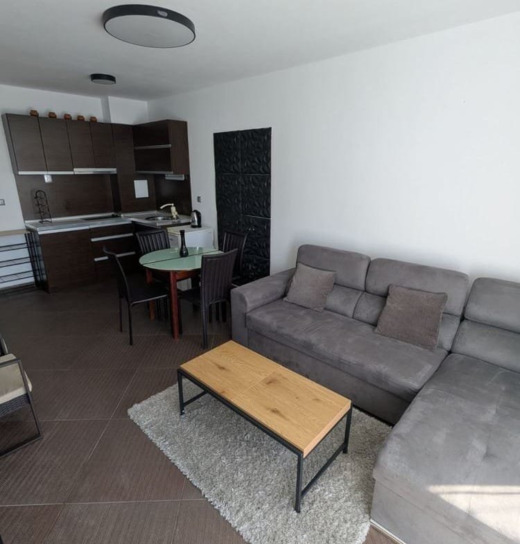 Современный двухкомнатный апартамент с кухней, стильной мебелью, уютной зоной для отдыха и светлыми стенами.