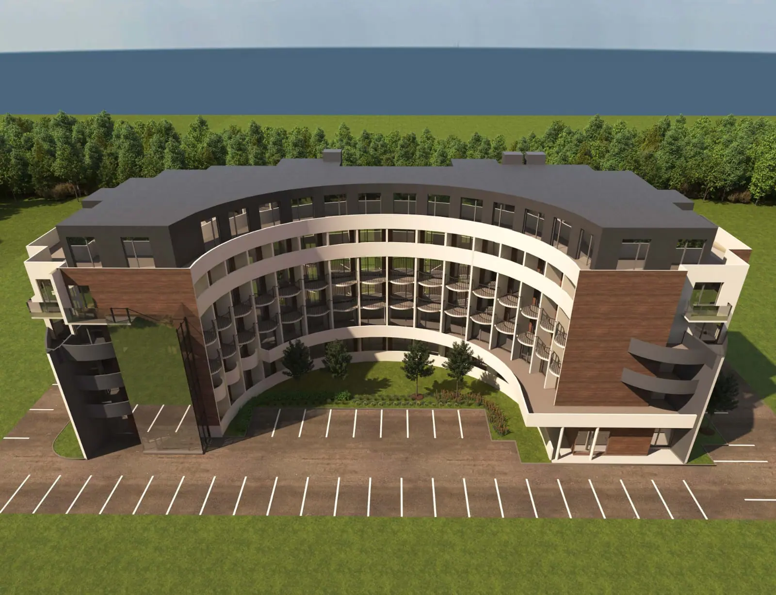 Новый жилой комплекс “City Residence” с современным дизайном. Современный жилой комплекс с округлой архитектурой, большими балконами, зелеными зонами и парковочными местами.