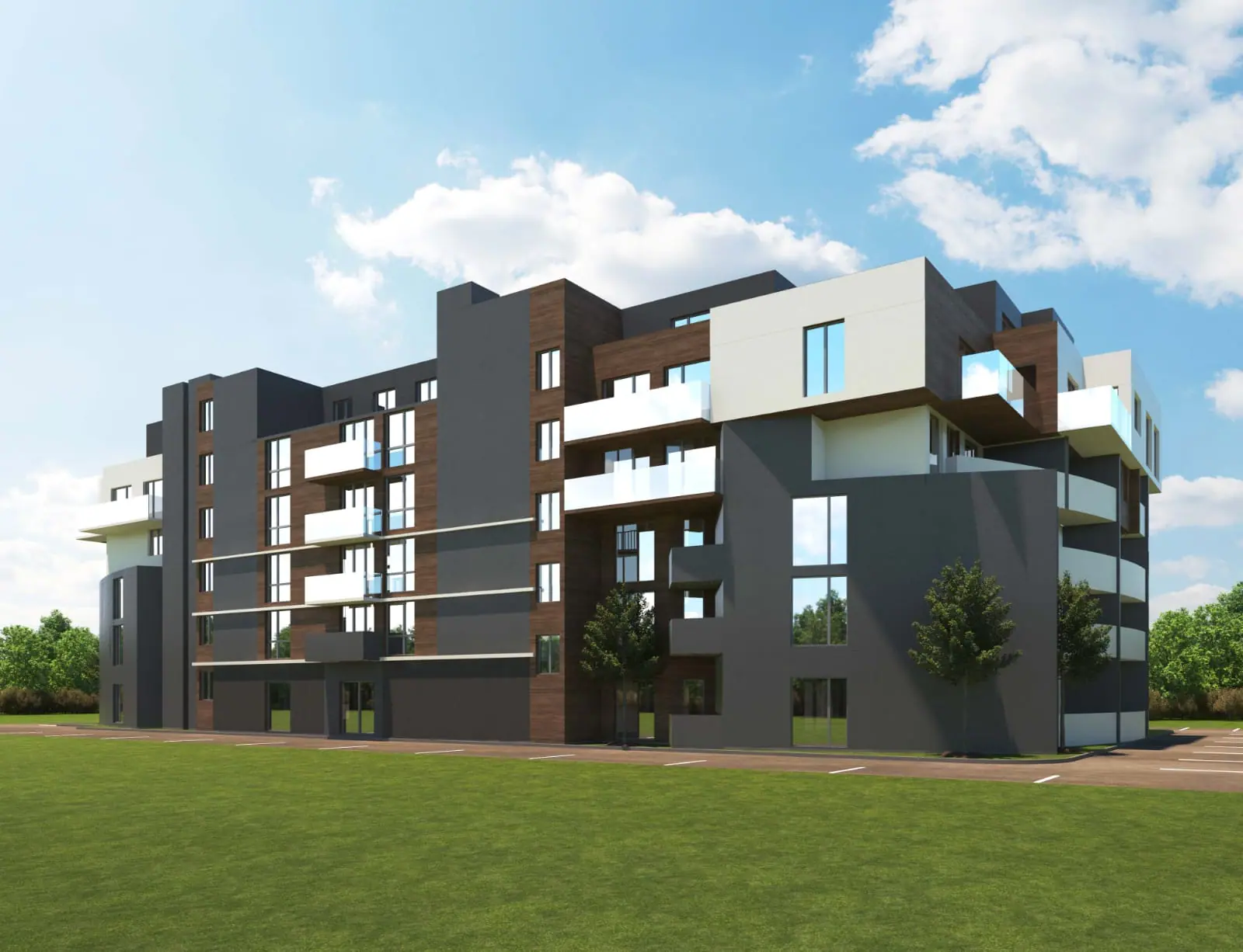 Новый жилой комплекс “City Residence” в современном стиле Современный жилой комплекс с панорамными окнами, балконами и зелеными насаждениями рядом, выполненный в контemporary стиле.
