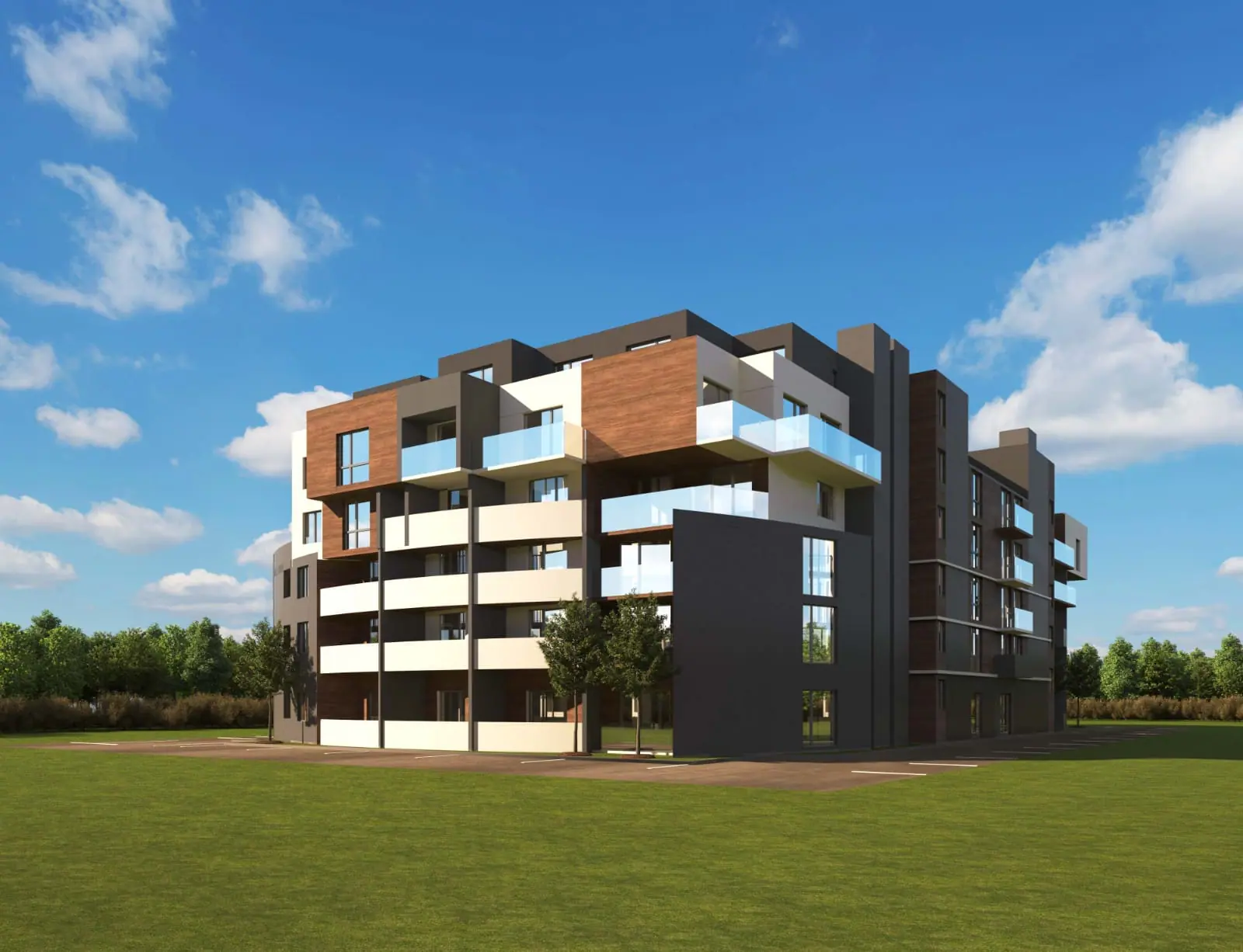 Новый жилой комплекс “City Residence” с современным дизайном Современный жилой комплекс с большими окнами, балконами и зелеными насаждениями вокруг, расположен на фоне голубого неба.
