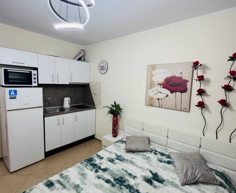 Современная студия с кухней, двуспальной кроватью, светильником и decor в виде роз на стенах.