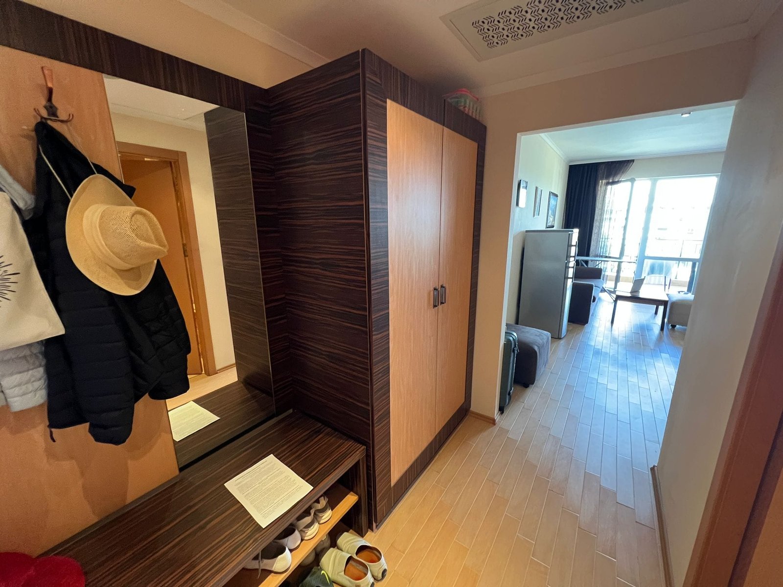 Уютный холл квартиры с зеркалом и мебелью для хранения Современный интерьер коридора квартиры в Болгарии с шкафом, вешалкой и выходом в гостиную. Подходит для продажи недвижимости.