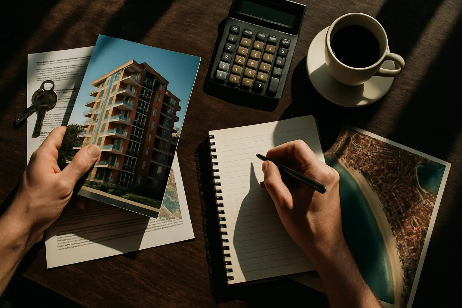 Документы об аренде апартаментов в Солнечном Береге, ключи, блокнот, ручка, калькулятор и чашка кофе на столе.