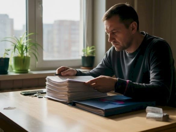 На кухне мужчина разбирает документы.