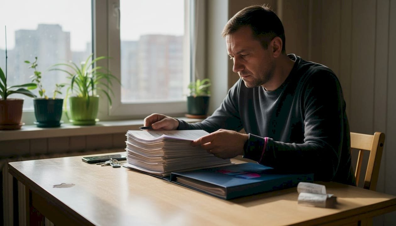 На кухне мужчина разбирает документы.