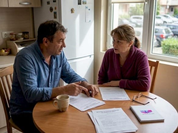 Молодая пара обсуждает, стоит ли покупать квартиру.