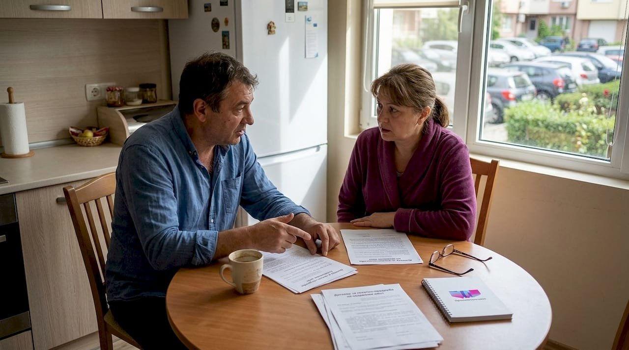 Молодая пара обсуждает, стоит ли покупать квартиру.