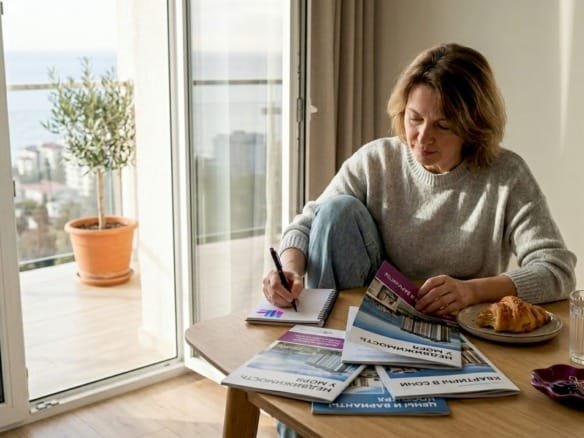 Женщина листает рекламные буклеты, сидя в квартире у моря.