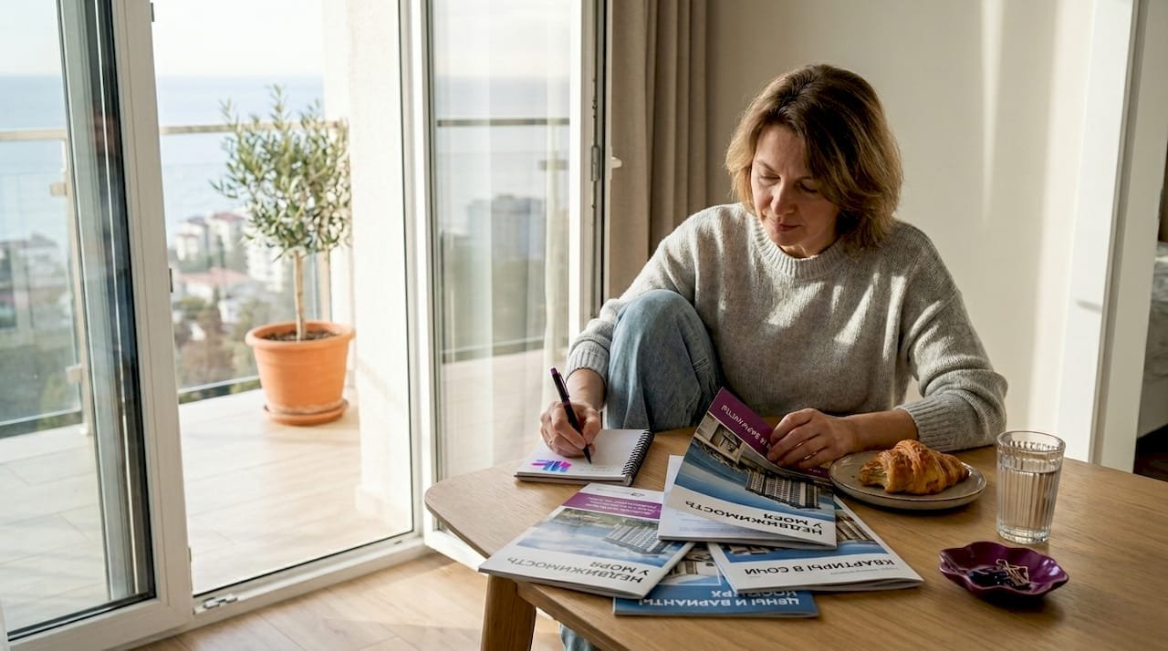 Женщина листает рекламные буклеты, сидя в квартире у моря.