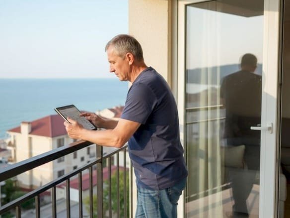 Мужчина сидит на балконе у моря и просматривает предложения по недвижимости.