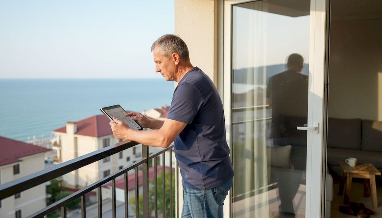 Мужчина сидит на балконе у моря и просматривает предложения по недвижимости.