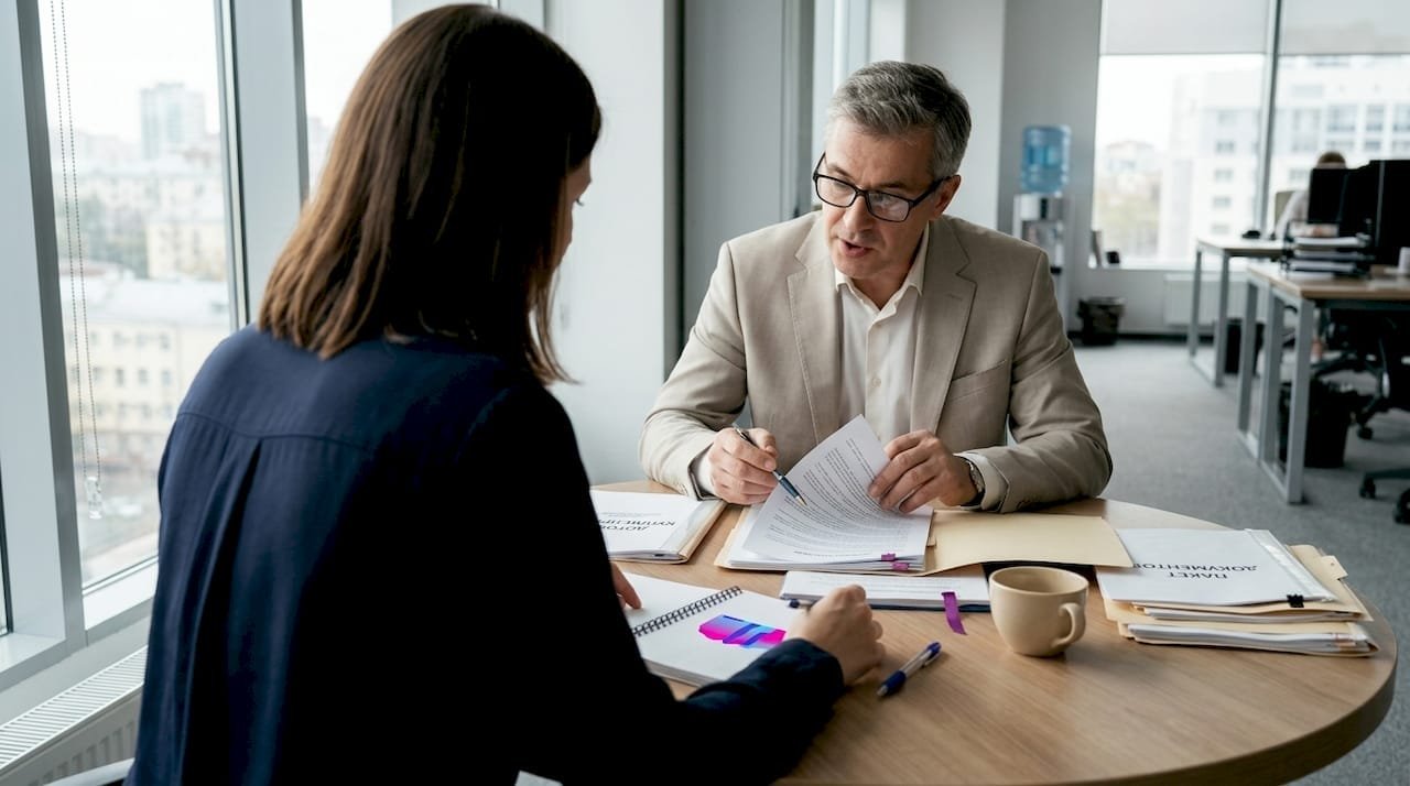Клиент консультируется с юристом по вопросам покупки недвижимости.