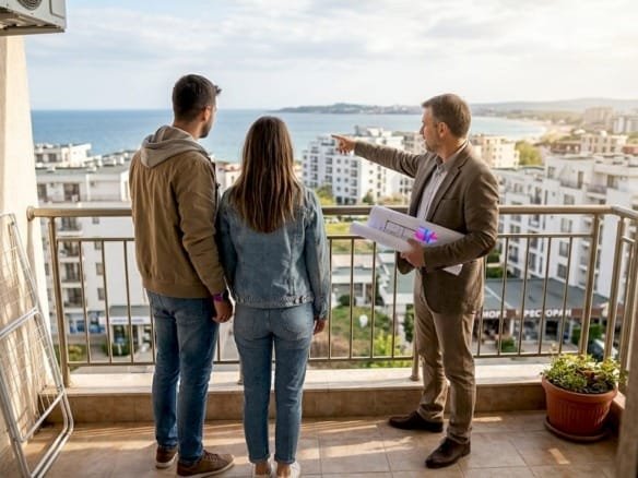 Пара вместе с агентом рассматривает квартиру на балконе в Солнечном Береге.