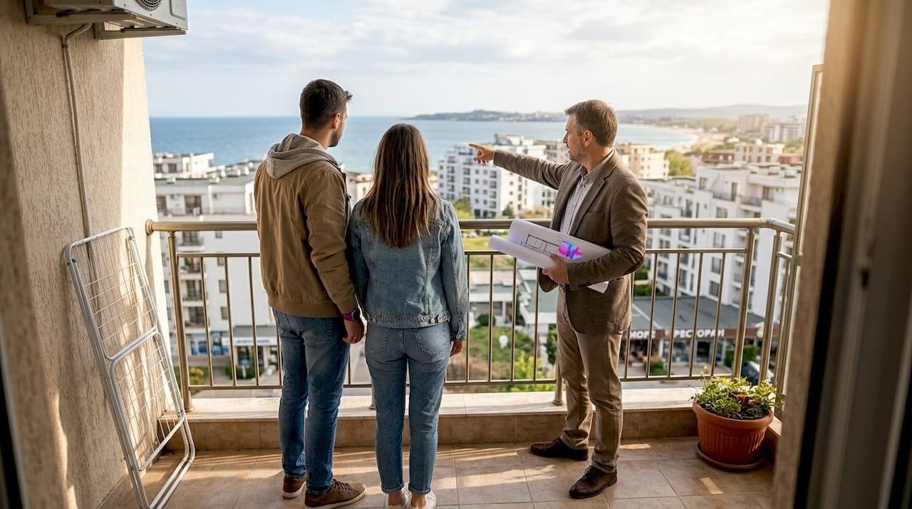 Пара вместе с агентом рассматривает квартиру на балконе в Солнечном Береге.