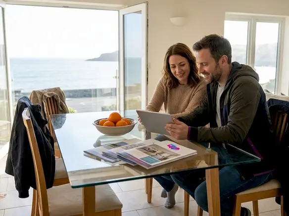 Пара выбирает квартиры у моря, сидя в светлой комнате.