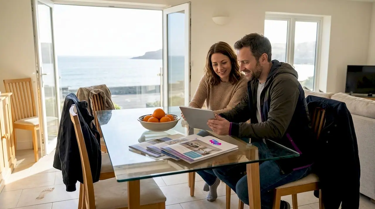 Пара выбирает квартиры у моря, сидя в светлой комнате.