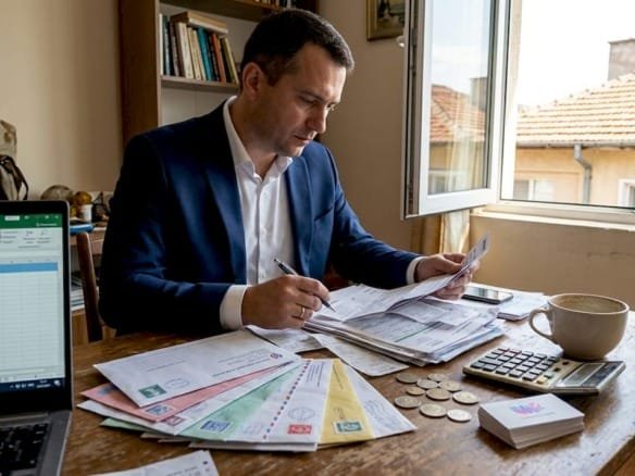 Инвестор внимательно просматривает бумаги, находясь у себя дома.