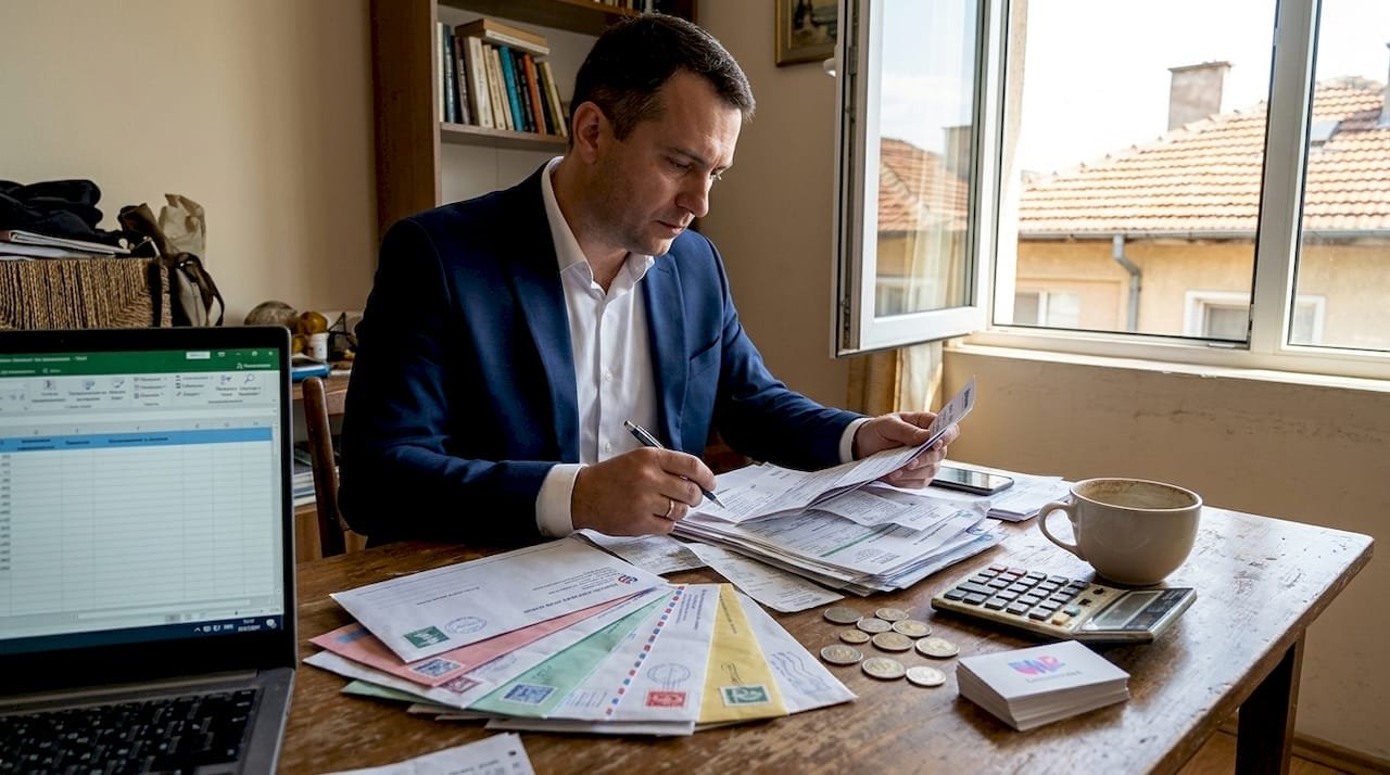 Инвестор внимательно просматривает бумаги, находясь у себя дома.