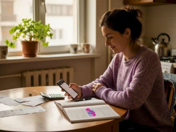 Женщина сидит на кухне и разбирается с квитанциями за коммунальные услуги из Болгарии.