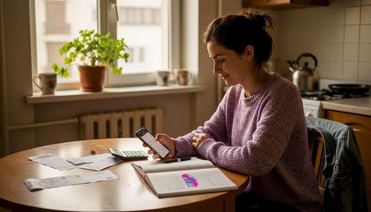 Женщина сидит на кухне и разбирается с квитанциями за коммунальные услуги из Болгарии.