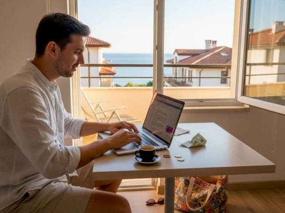 Мужчина работает за ноутбуком в уютных апартаментах с видом на море.