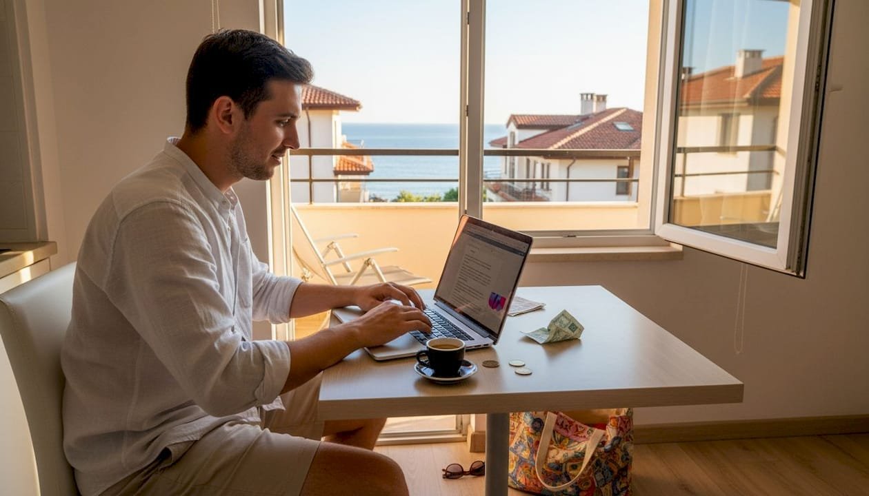Мужчина работает за ноутбуком в уютных апартаментах с видом на море.