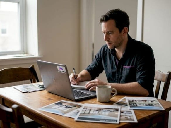 Инвестор сидит за кухонным столом и внимательно изучает варианты недвижимости на ноутбуке.