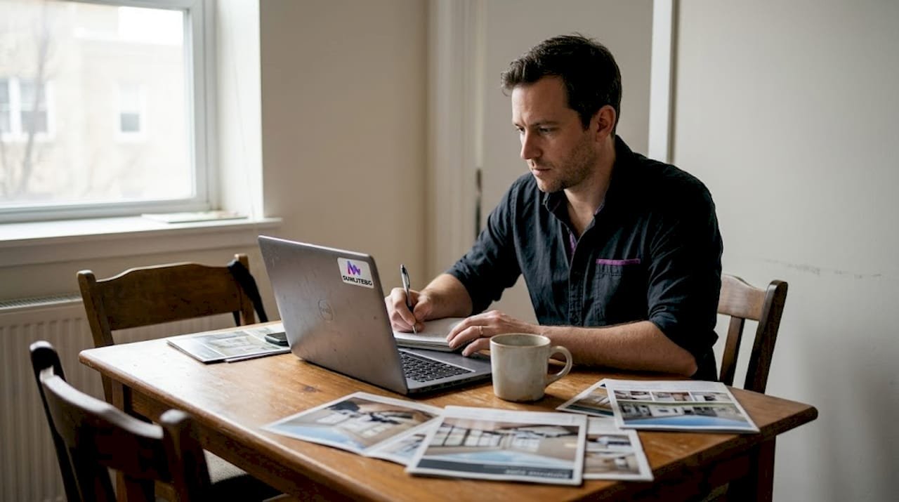 Инвестор сидит за кухонным столом и внимательно изучает варианты недвижимости на ноутбуке.