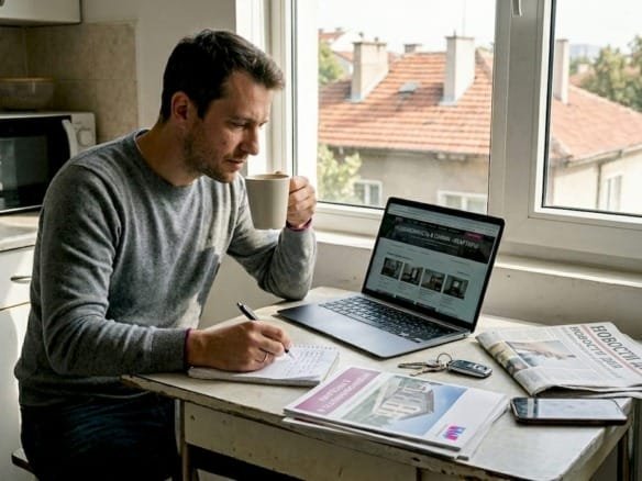 Мужчина ищет квартиры в Болгарии на ноутбуке