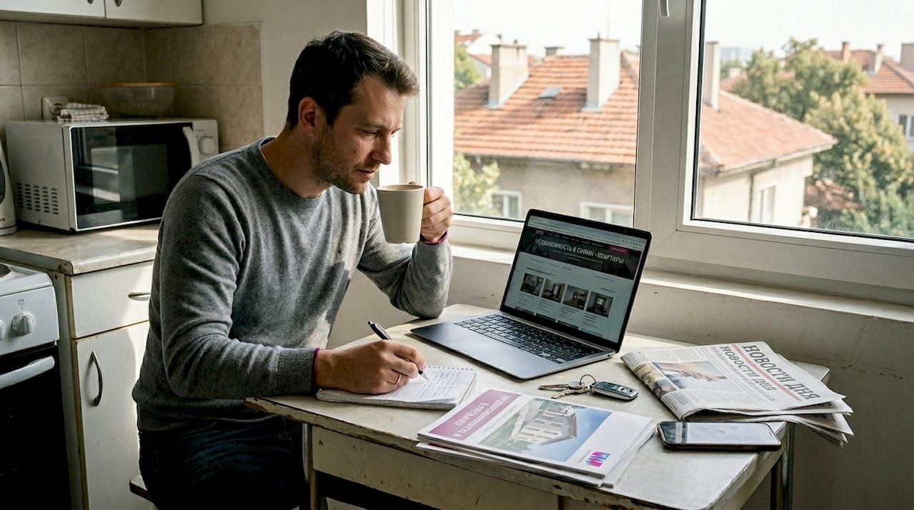 Мужчина ищет квартиры в Болгарии на ноутбуке