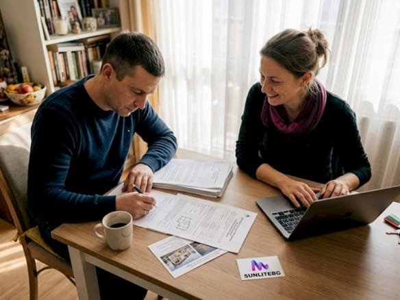 Супруги внимательно изучают документы по недвижимости за кухонным столом.