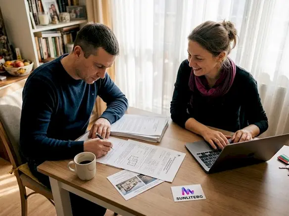 Супруги внимательно изучают документы по недвижимости за кухонным столом.