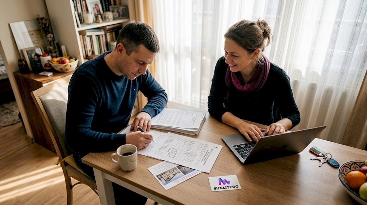 Супруги внимательно изучают документы по недвижимости за кухонным столом.