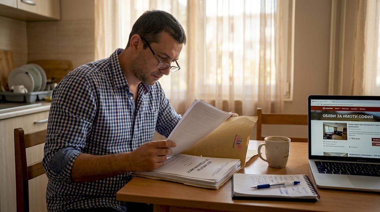 Мужчина внимательно изучает документы на квартиру прямо у себя дома.