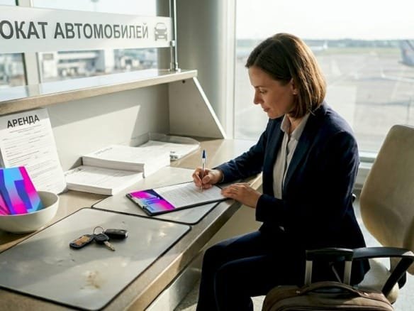 Женщина оформляет аренду автомобиля прямо в аэропорту, подписывая необходимые документы на стойке проката.