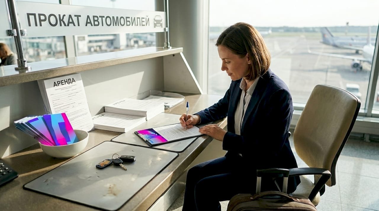Женщина оформляет аренду автомобиля прямо в аэропорту, подписывая необходимые документы на стойке проката.