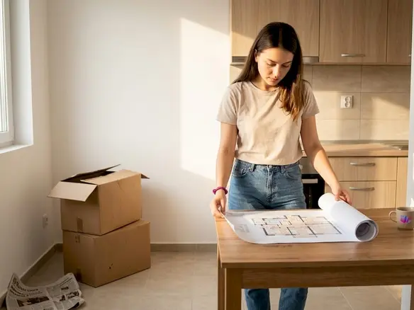 Женщина внимательно рассматривает план своей будущей квартиры в Болгарии.