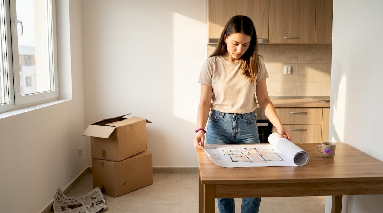 Женщина внимательно рассматривает план своей будущей квартиры в Болгарии.