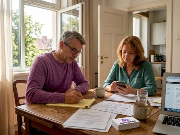 Супружеская пара внимательно изучает документы по покупке таунхауса.